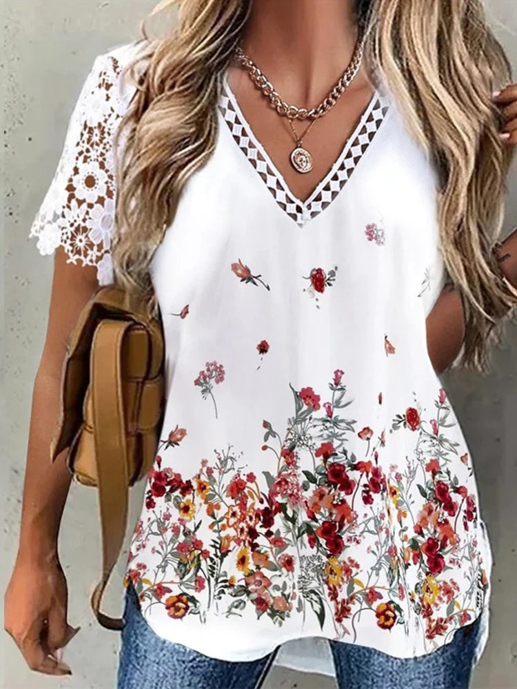 Women Long Sleeve V-neck Graphic Floral Printed Top