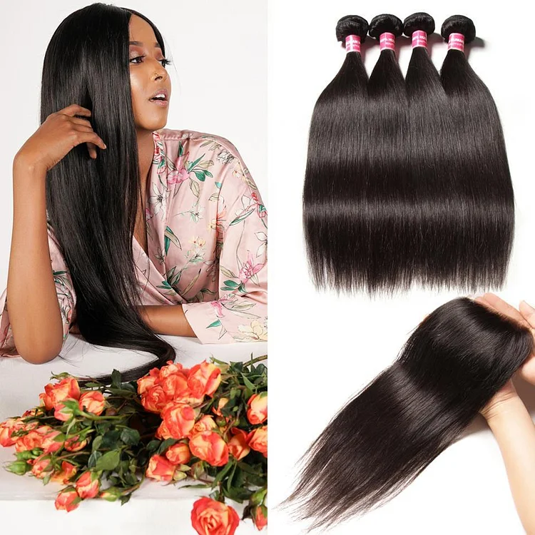 Malaysian Straight Hair 4 Bundles with Lace Closure, No Shedding and Tangle Free - Hair