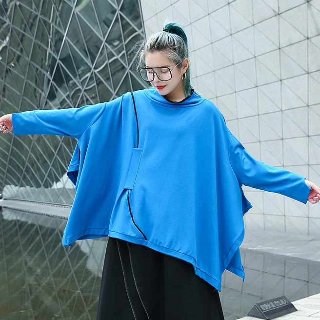 Fine blue Midi pullover casual stand collar tops casual Batwing Sleeve asymmetrical design clothing tops