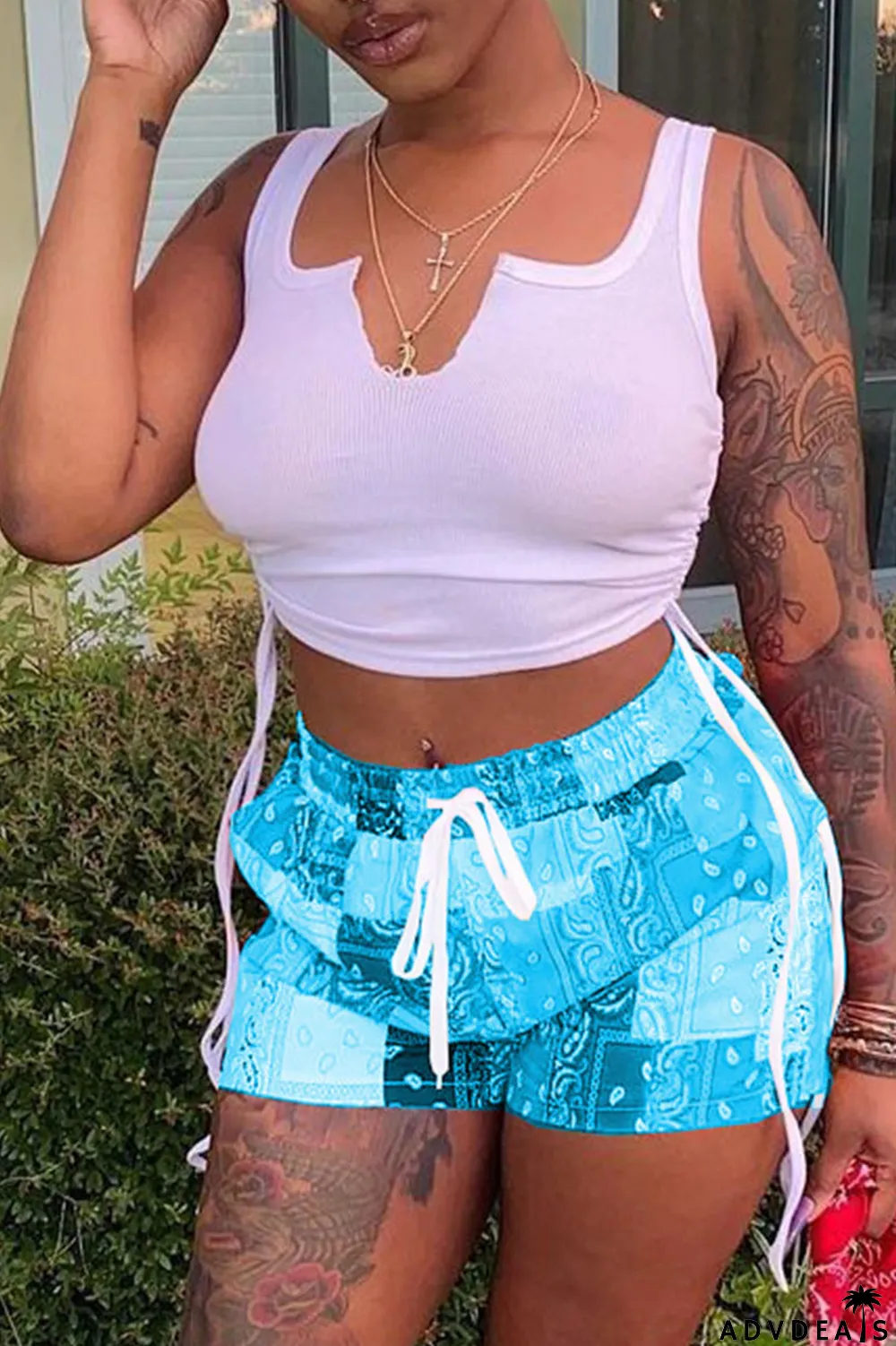 Grey Sexy Print Ripped Contrast Spaghetti Strap Sleeveless Two Pieces