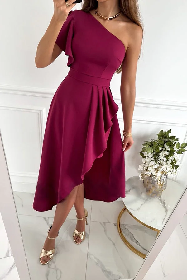 Charming Vibes One Shoulder Ruched Slit High Low Midi Dress
