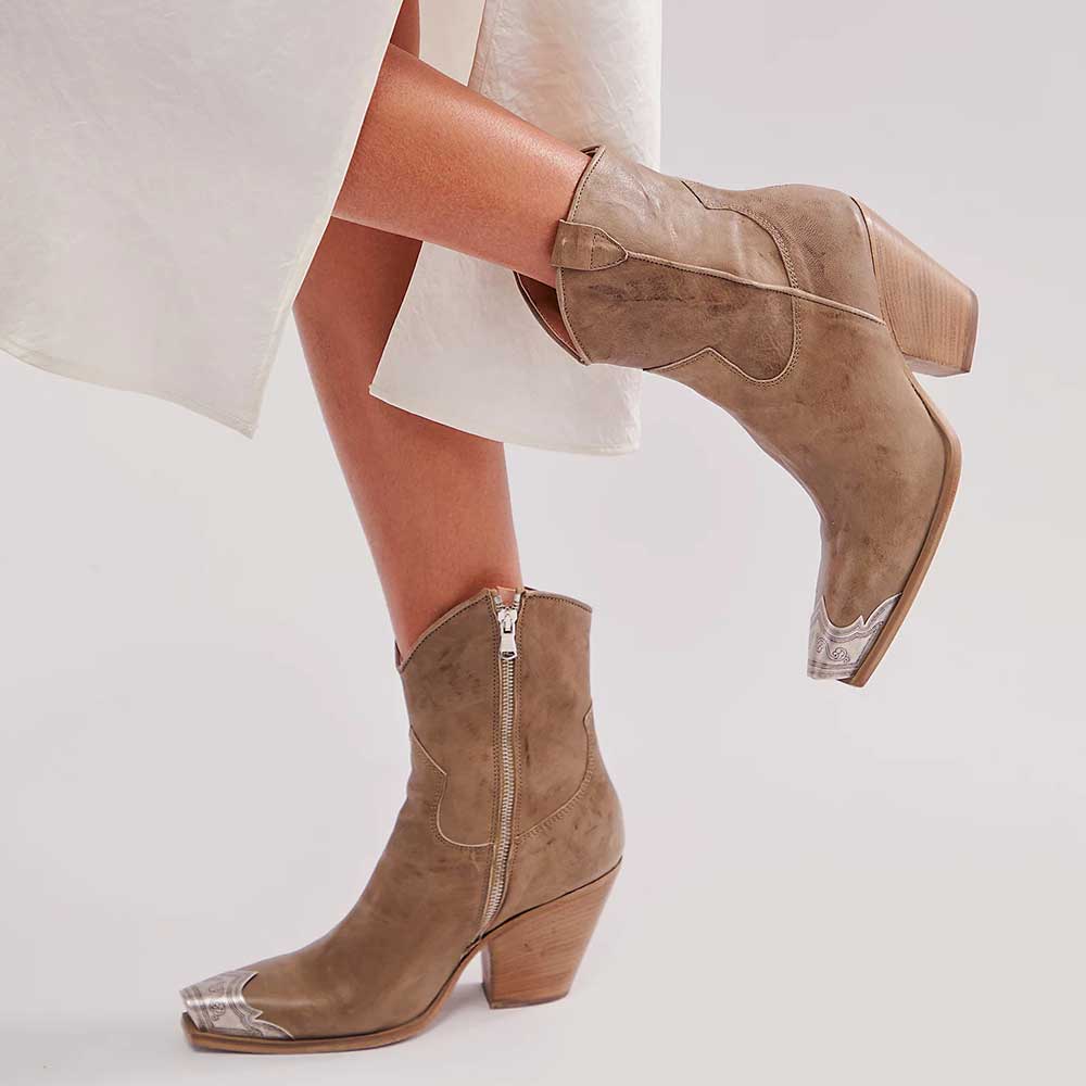 Light Brown Metal Snip Toe Western Ankle Boots with Stacked Heel