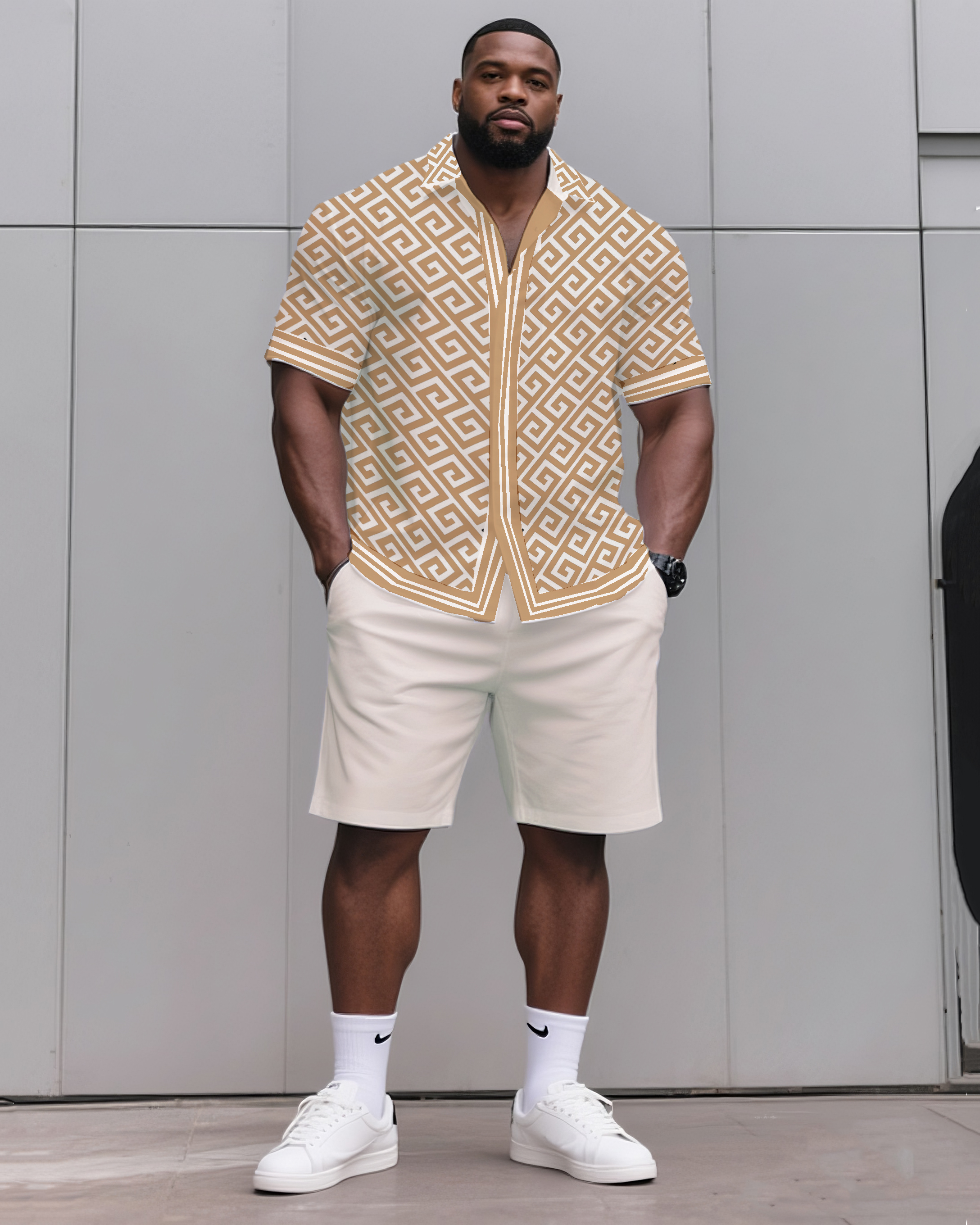Big & Tall Men's Daily Casual Creamy-white Infinite Fan Official Printed Shirt Shorts Suit