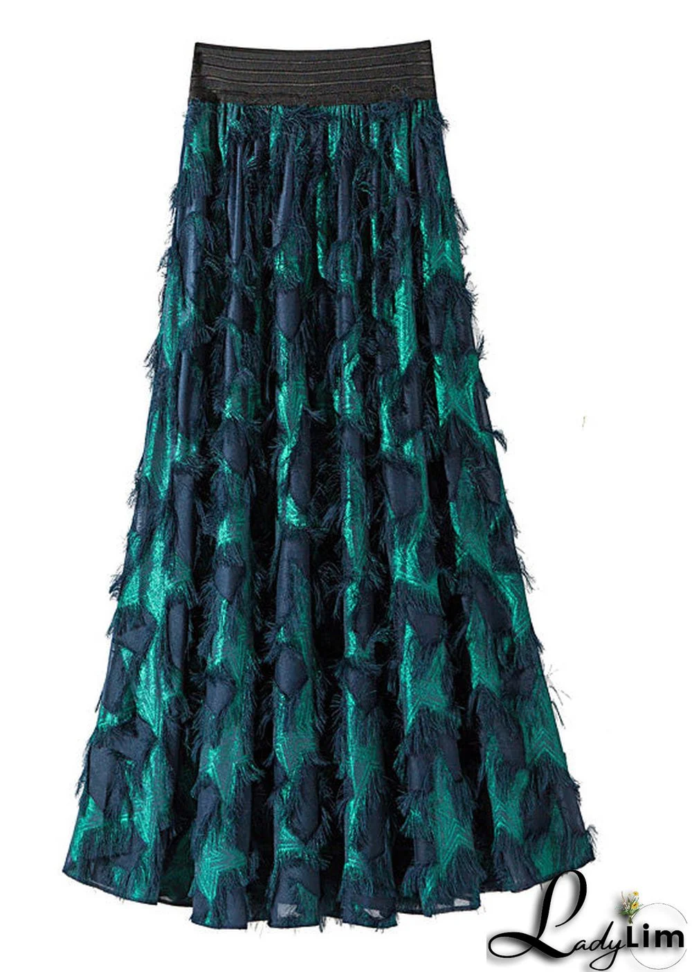 Stylish Blue Feather Tassel Elastic Waist Maxi Skirt Spring