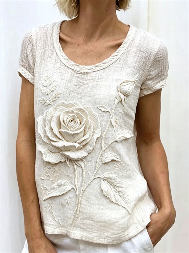 Vintage White Roses Art Linen T Shirt elevenforest