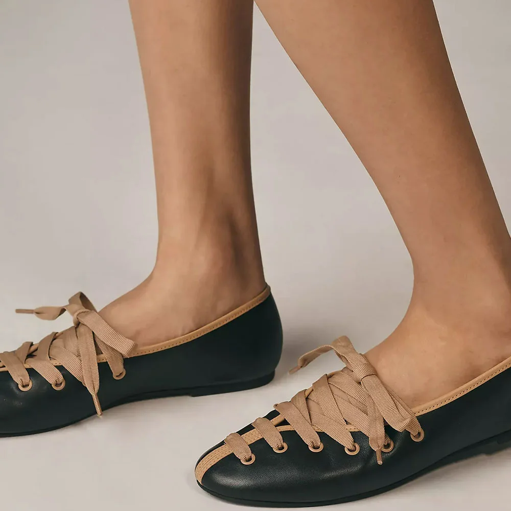 Vintage Black Round Toe Lace Up Ballet Flat Shoes for Women