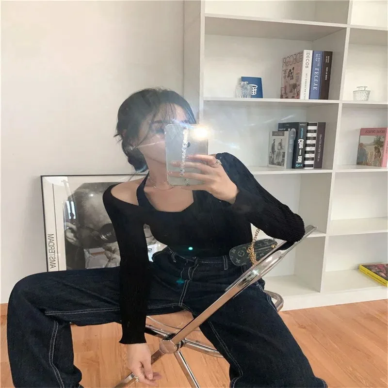 Uveng Uveng Two Knitted Shirt Women Spring New Sexy Slimy V Collar Hanging Neck Long Sleeve Bottom Shirt