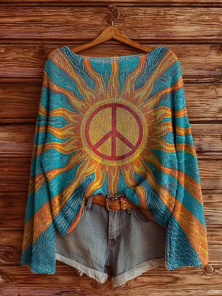 Vintage Sun Abstract Hippie Art Women's Casual Pullover Sweater