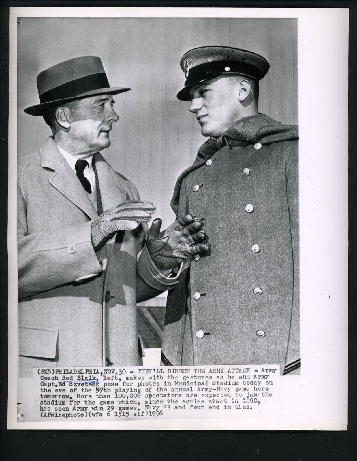 ARMY football Coach Earl Red Blaik & Captain Ed Szvetecz 1956 Press Photo Poster painting