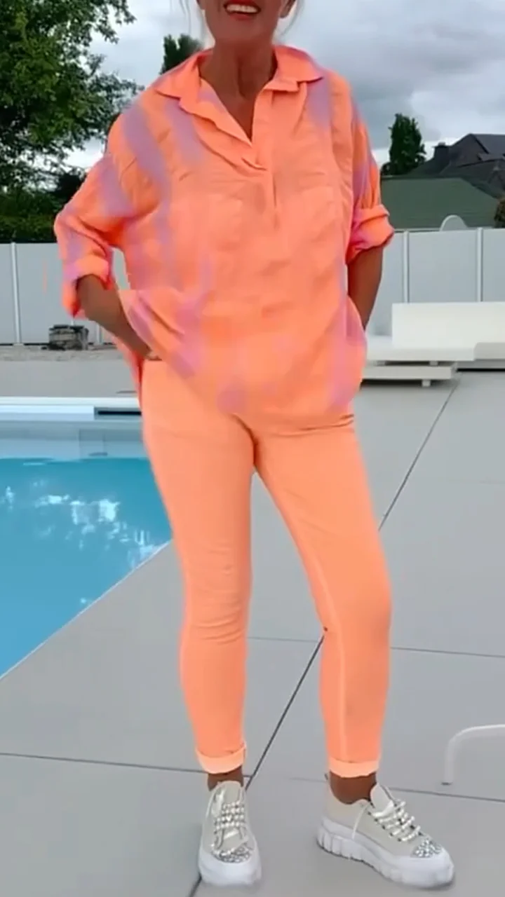 Women's Lapel Striped Top + Fluorescent Pants Casual Set