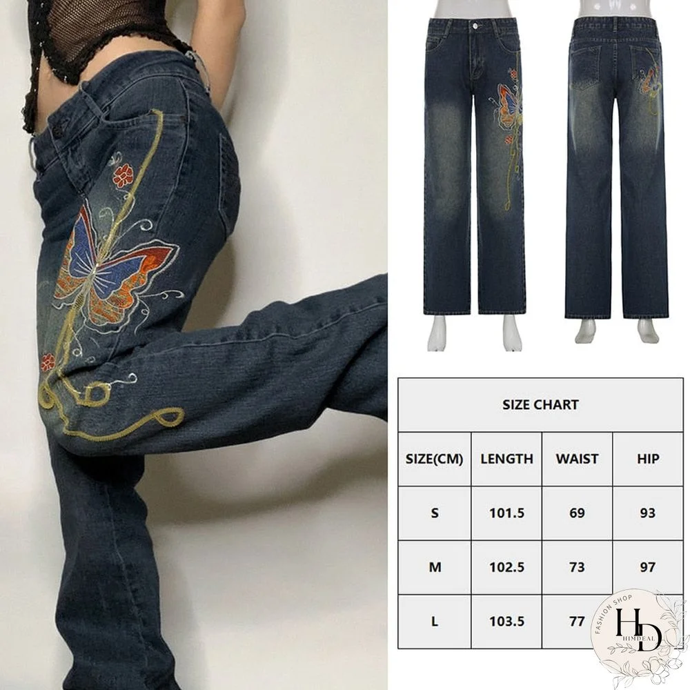 Sifreyr Butterfly Print Baggy Jeans Women Autumn Low Waist Denim Flare Pants Harajuku Streetwear Vintage Y2K Fairy Grunge Jeans