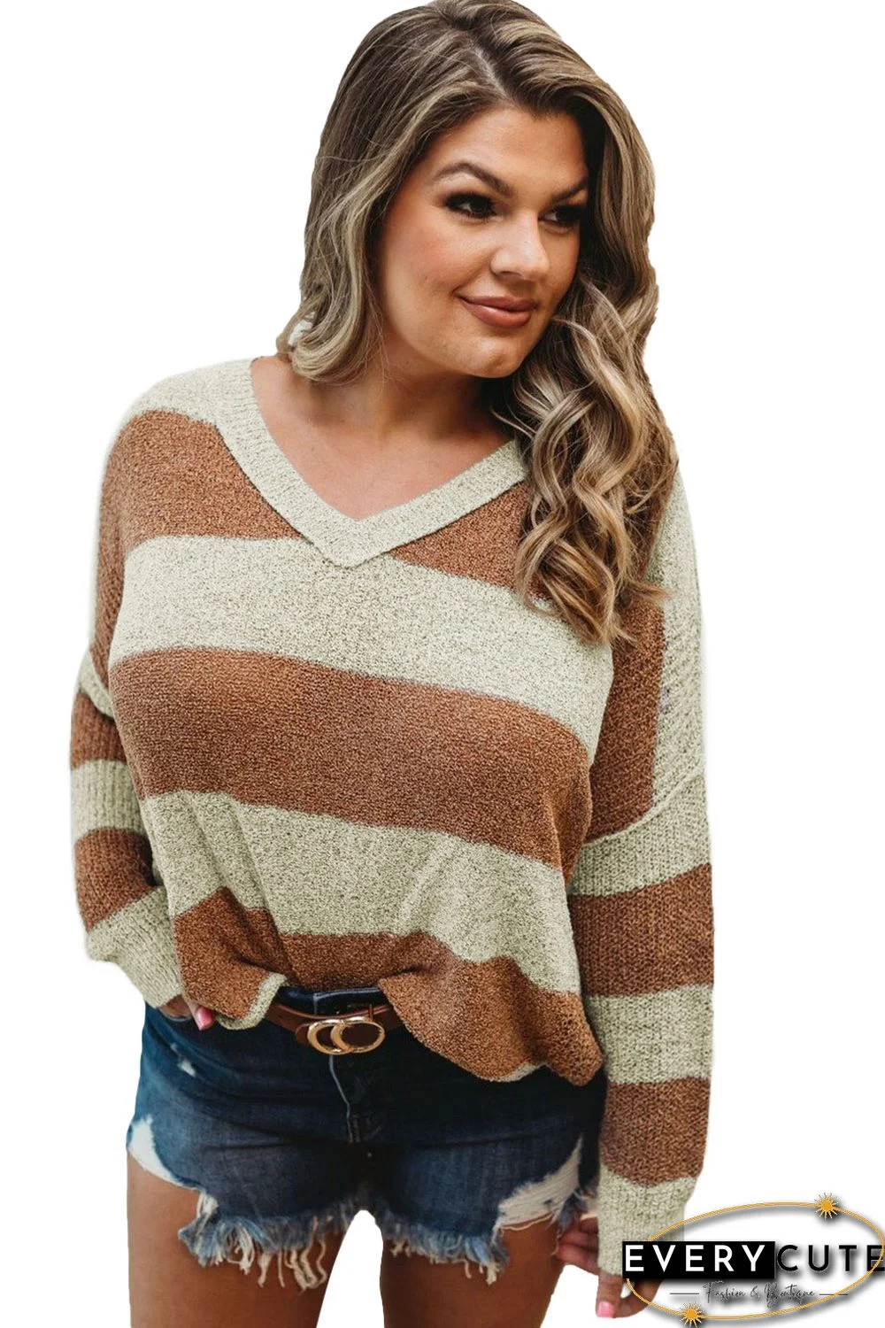 Brown Plus Size Colorblock V Neck Loose Sweater