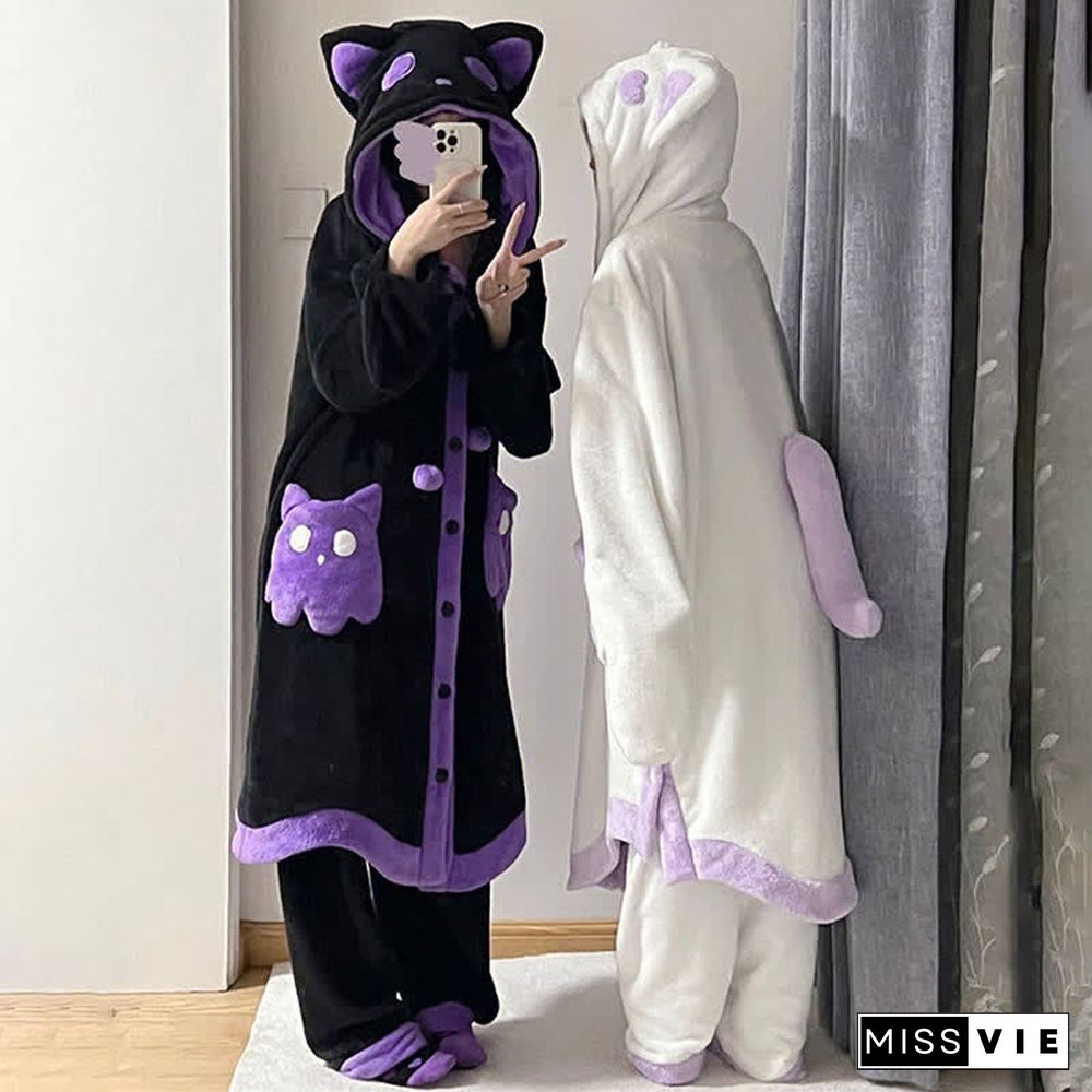 Cartoon Ghost Cat Plush Hooded Pajamas Set