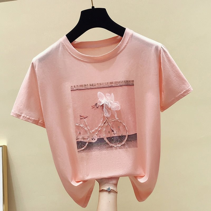 Crystal Bicycle Printed Casual Women T Shirt Round Neck Short Sleeve Female Loose Shirts 2021 Summer Fashion Ladies Tops Clothes