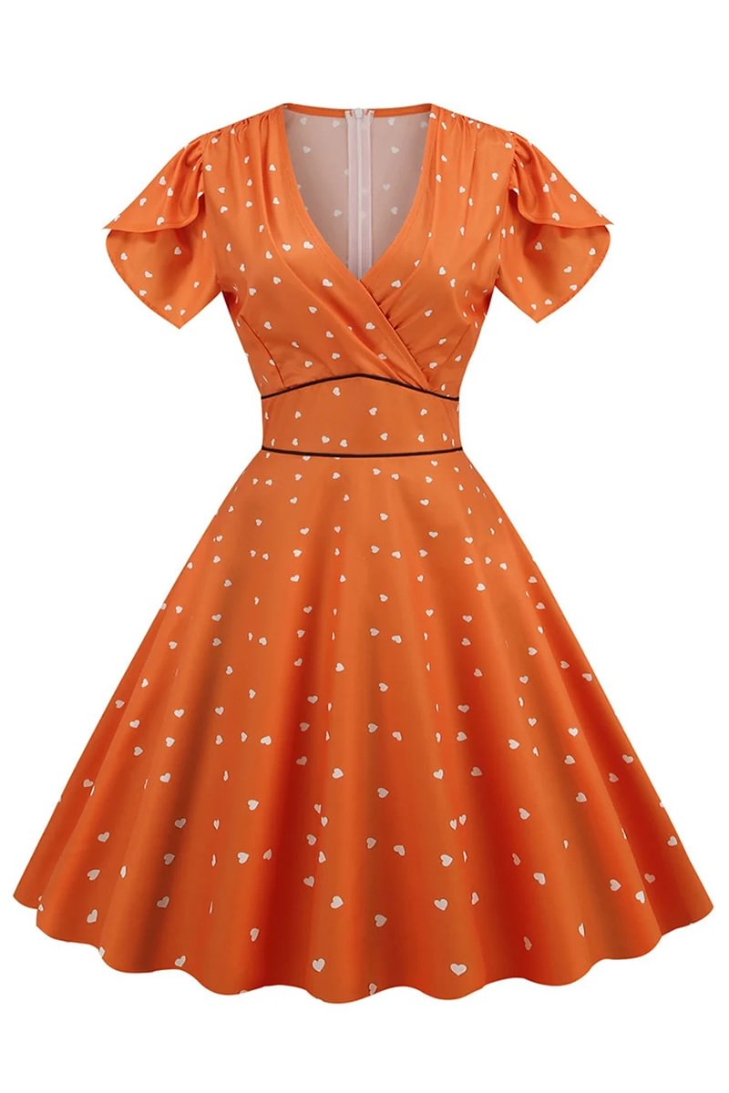 1950s Retro Summer Petal Sleeve V Neck Printed Swing Midi Dresses