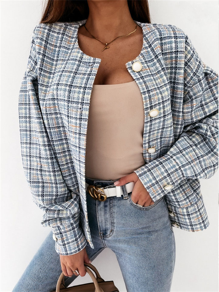 Women's Loose Round Neck Plaid Printed Long Sleeve Short Jacket Coat Women's S-XXL | 168DEAL