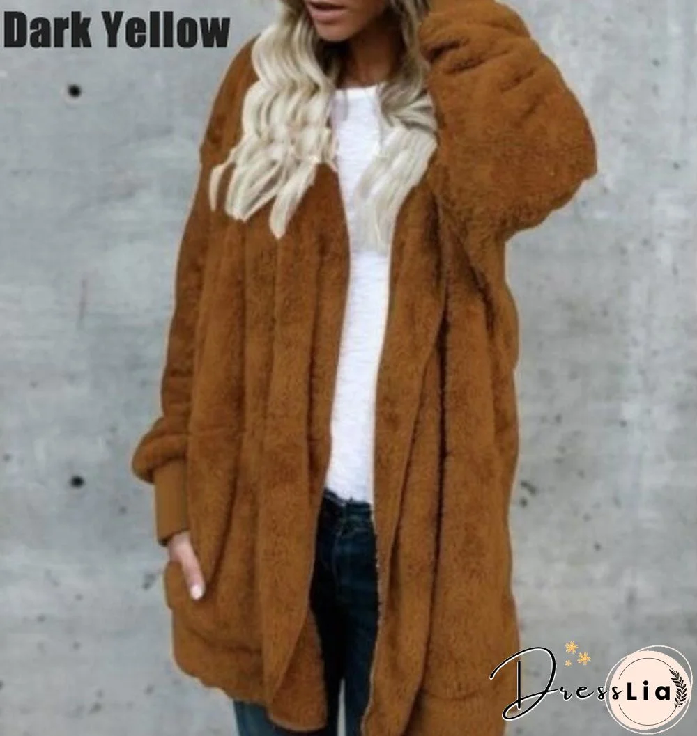 New Women’s Fashion Winter Warm Outwear Solid Color Long Sleeve Sweaters Hoodies Coats Loose Plush Cardigan Coat