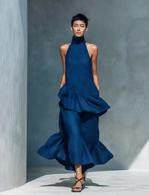 Women&rsquo;s Indigo Blue Linen-Blend Sleeveless High Neck Tiered Ruffle Maxi Dress
