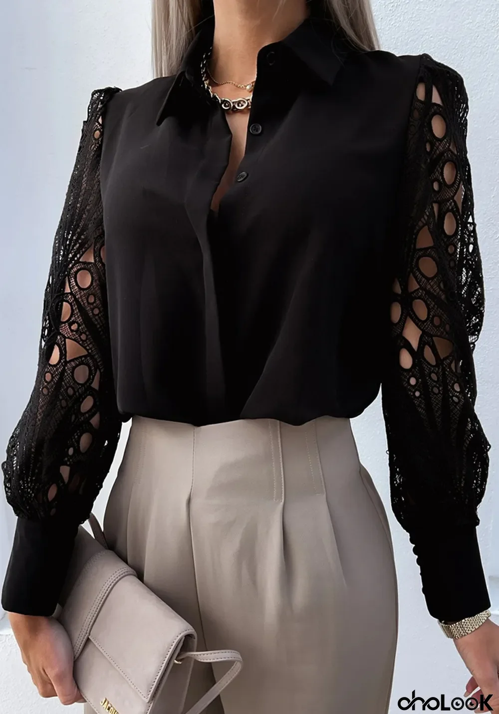 Women Autumn Black Modest Turn-down Collar Full Sleeves Patchwork Lace Hollow Out Regular Blouse