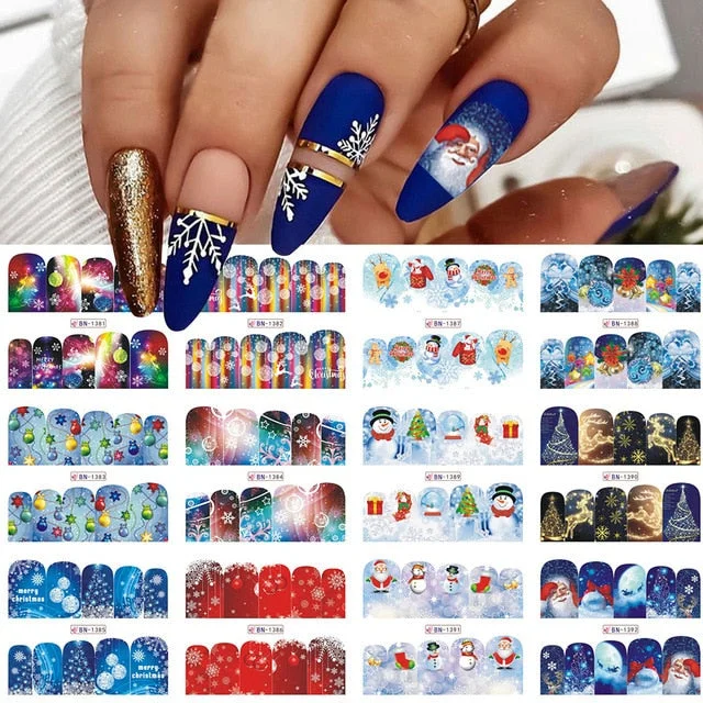 12Pcs/Set Nail Stickers Water Transfer Ins Santa Snowflake Elk Designs Nail Decal Decoration Tips For Beauty Salons