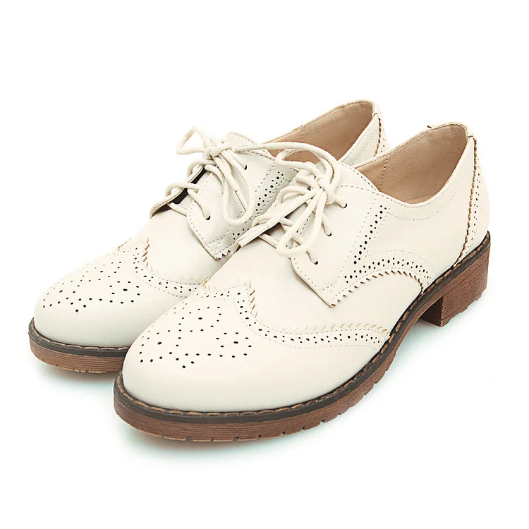 Ivory Vintage Lace-Up Oxfords School Shoes with Comfortable Flats Vdcoo