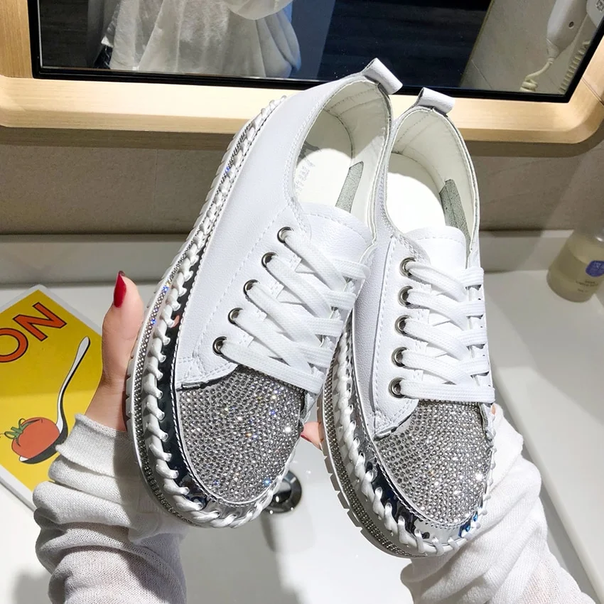 Qengg Women Crystal Shoes 2022 spring Fashion Bing Lace Up Ladies Casual Shoes Comfortable Round Toe Platform Sneakers white shoes