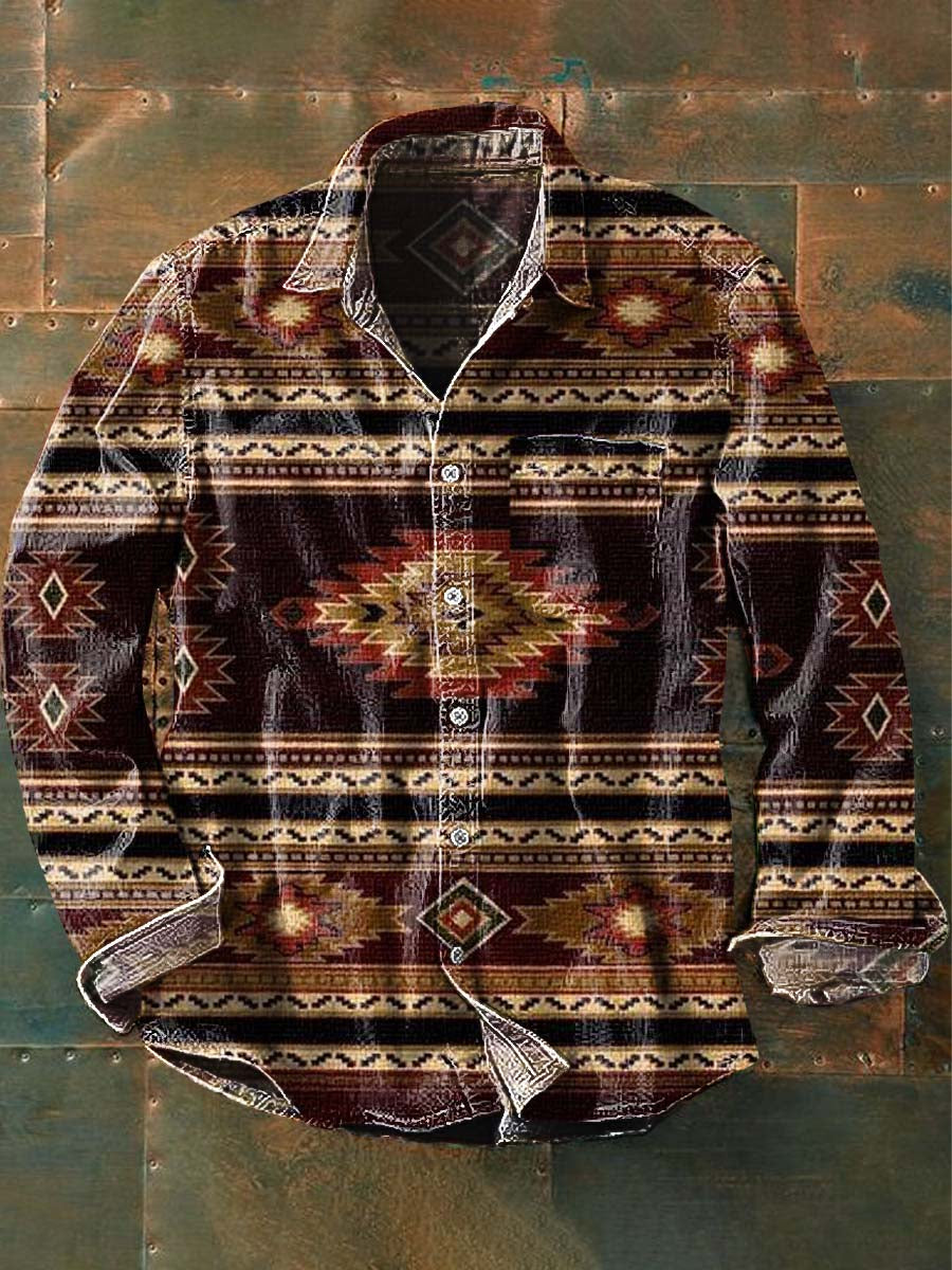 Men's Western Cowboy Pattern Printed Casual Lapel Long Sleeve Shirt