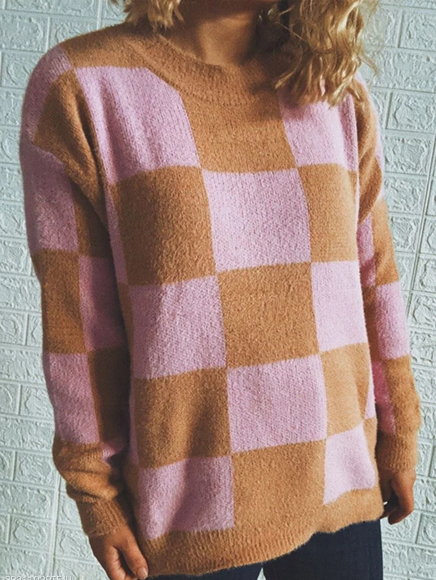 Round Neck Check Casual Loose Sweater Pullover