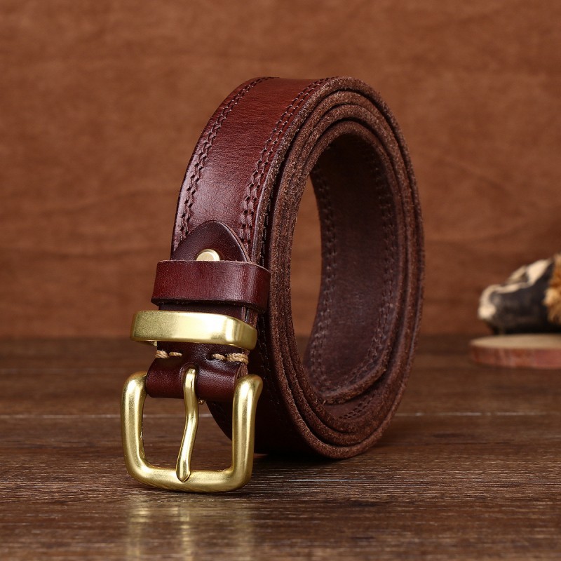 Vintage First Layer Cowhide Hand Stitched Copper Buckle Needle Buckle Fashion Belt DANRRIO.COM DANRRIO