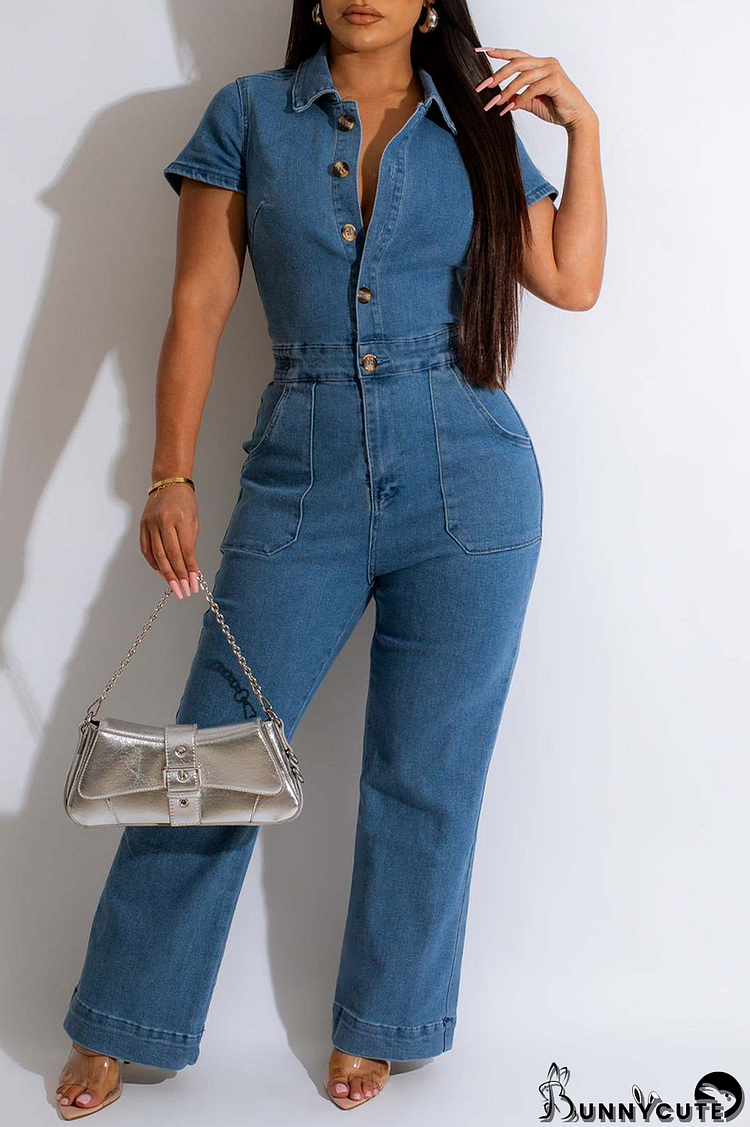 Blue Casual Solid Patchwork Pocket Turndown Collar Short Sleeve Mid Waist Regular Denim Jumpsuits