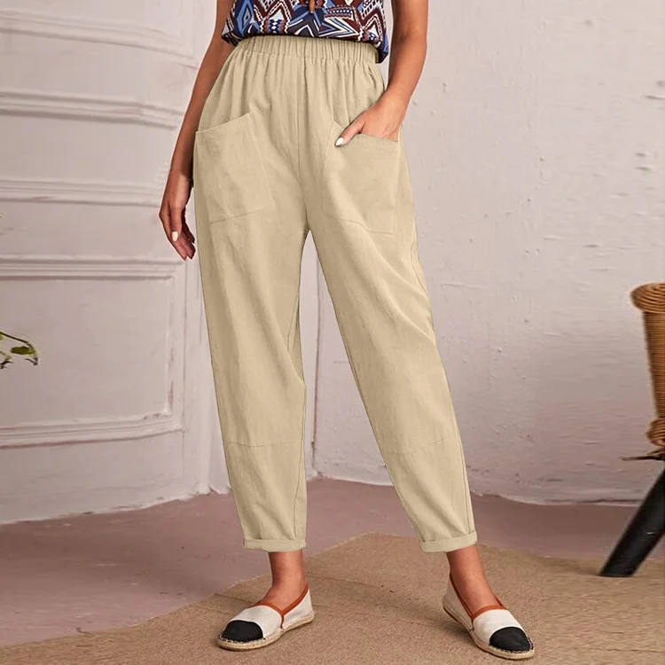 2023 New Elastic Waist Cotton and Linen Diagonal Pocket Cropped Women's Pants VangoghDress