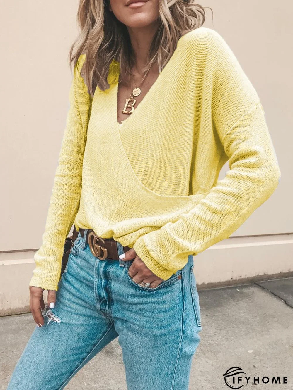 Women Casual Top Tunic V Neck Sweater | IFYHOME