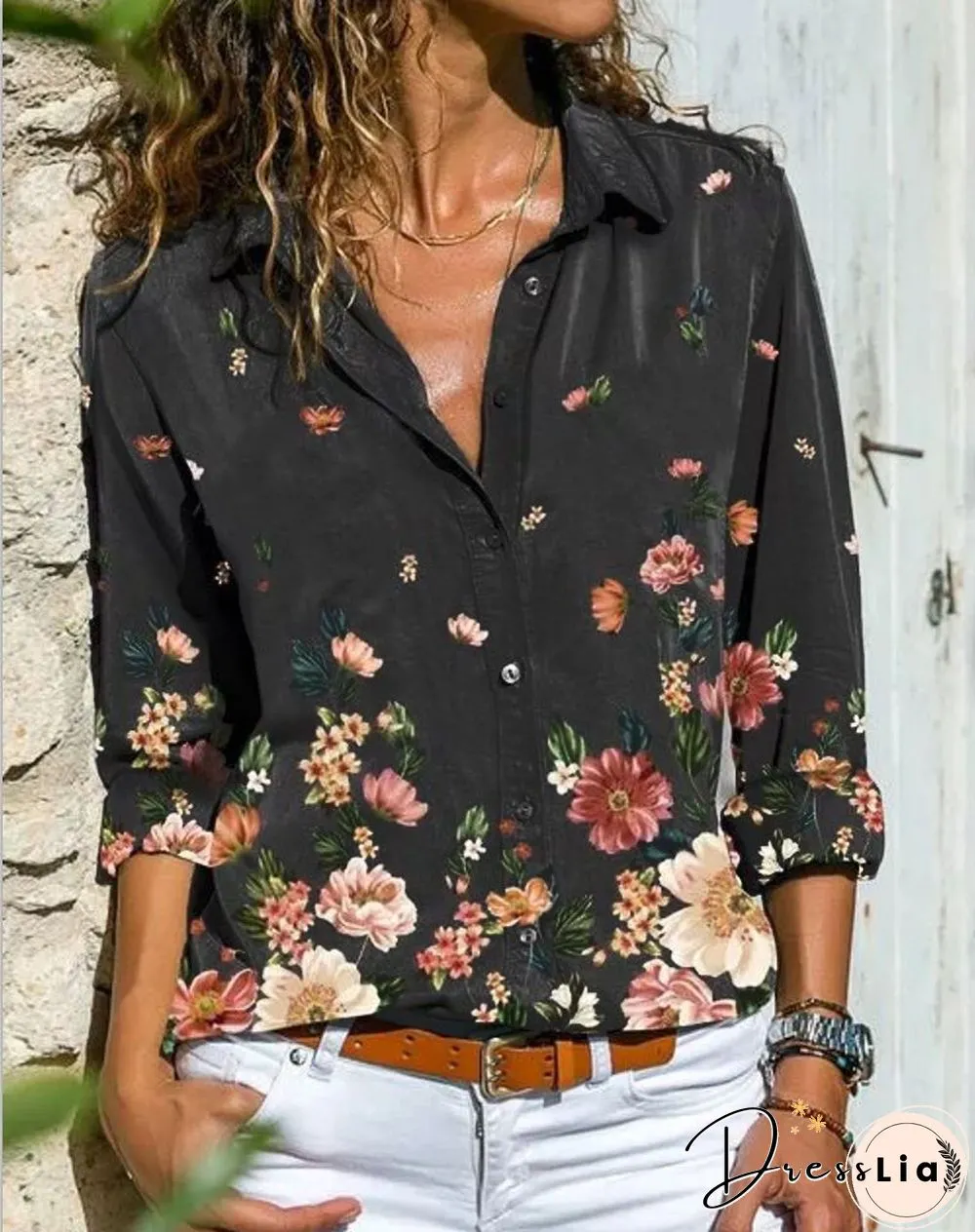 Gray Shawl Collar Long Sleeve Printed Blouse