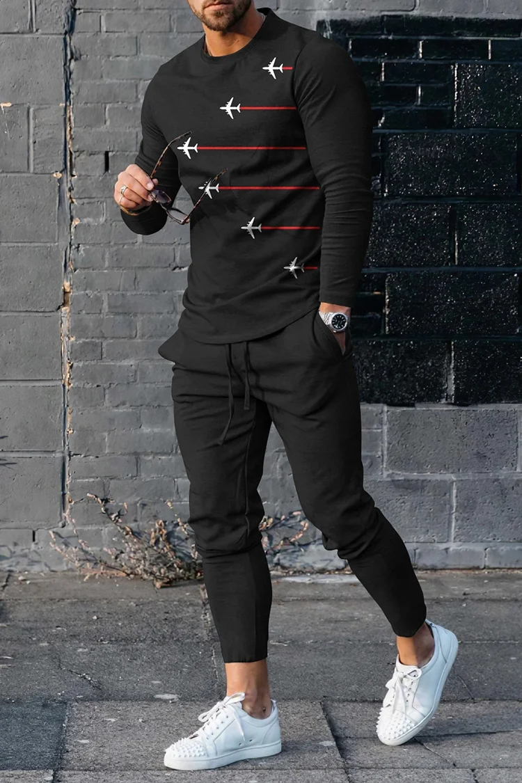 Men's Personalized Lines Long Sleeve  T-Shirt And Pants Co-Ord