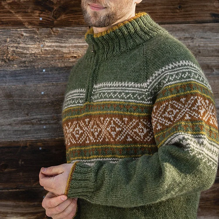 Comstylish Men's Vintage Contrast Patchwork Island Knit Jacquard Crew Neck Sweater