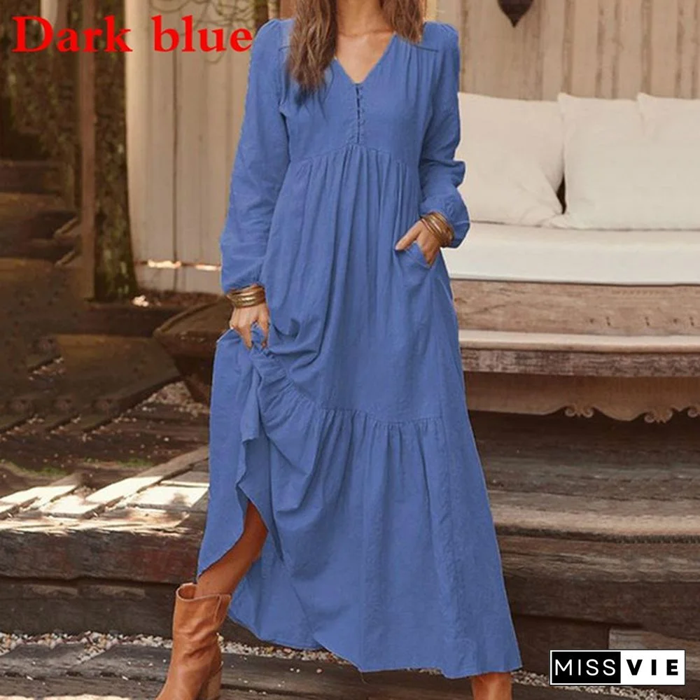 Autumn and Winter Women's Fashion Casual Button Retro Long-sleeved Dress