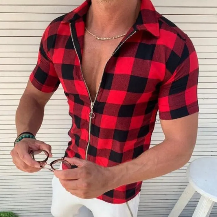 Men's Lapel Plaid Print Zipper Cardigan Short-sleeved T-shirt