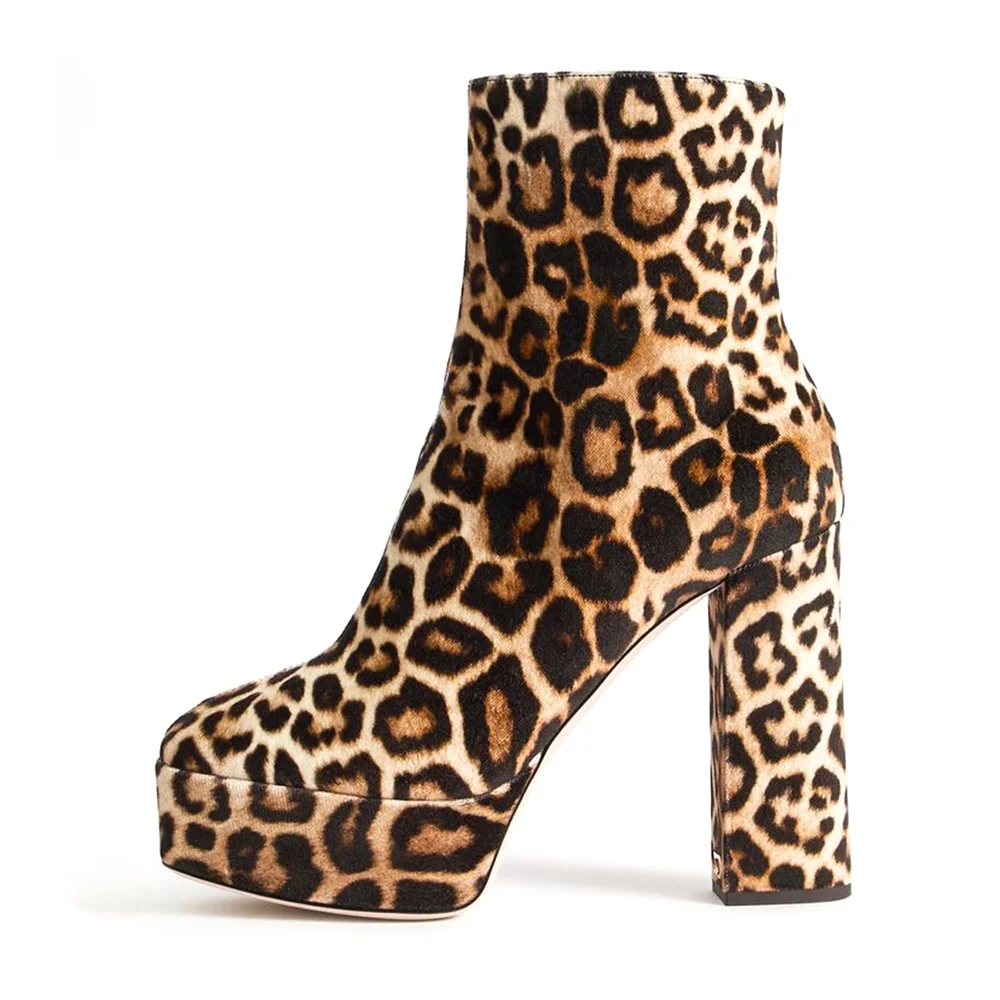 Leopard Platform Boots Chunky Heel Ankle Boots