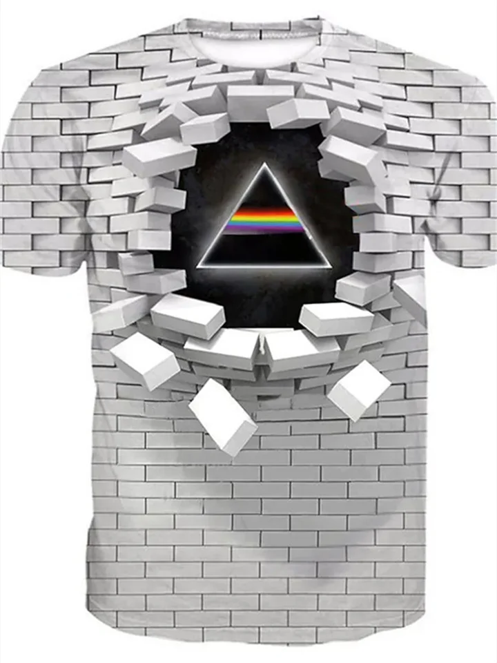 Men's T-Shirt Round Neck Brick Drop Illusion 3D Print White Pink-Cosfine