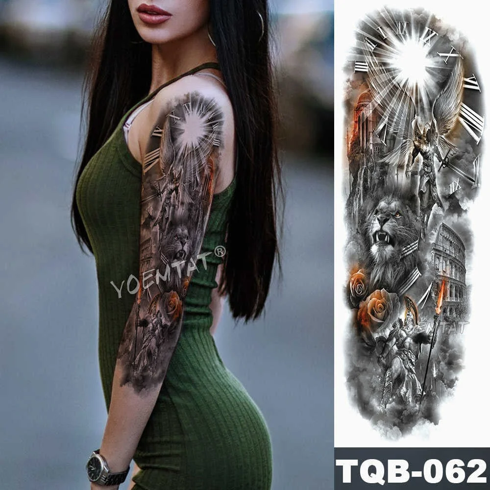 Large Arm Sleeve Tattoo Sketch Lion Tiger Waterproof Temporary Tattoo Sticker Crow Warrior Soldier Men Full Skull Totem Tattoo