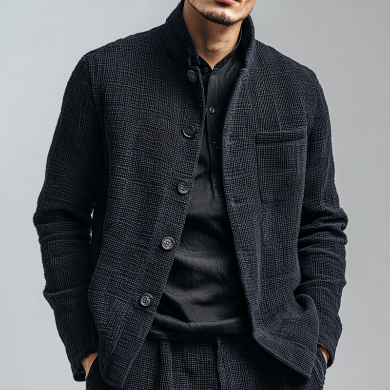 Men's Solid Textured Stand Collar Single Breasted Casual Jacket