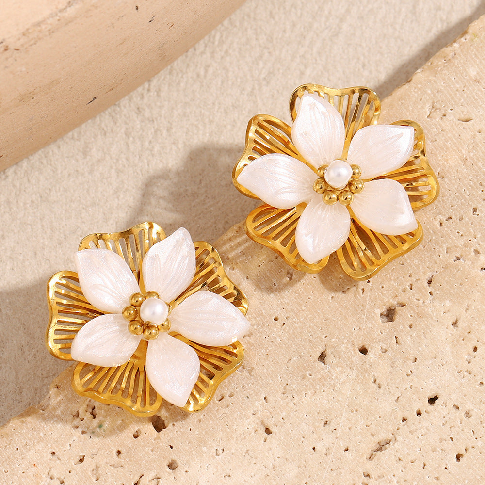 Retro And Fashionable Earrings Stainless Steel 18K Gold Plated Shell Flower Double-Layer Earrings