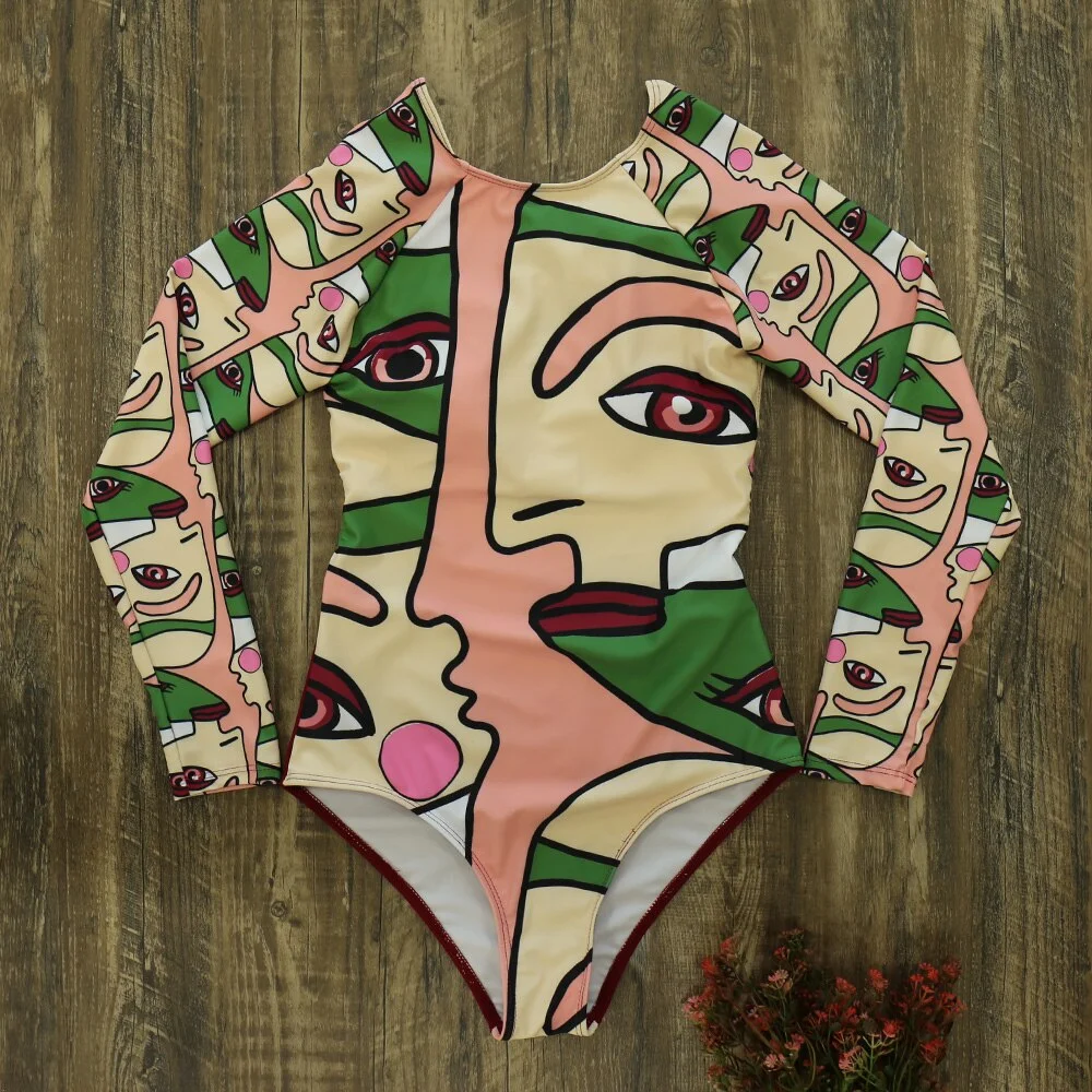 Swimwear Women Print Floral 2020 New One Piece Swimsuit Long Sleeve Bathing Suit Retro Ruffle Strappy Vintage Beachwear Surfing