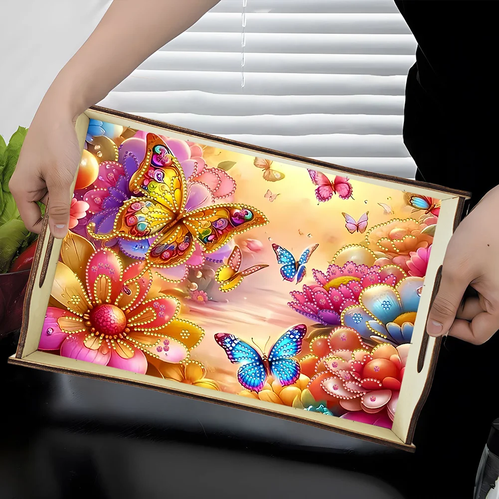 DIY Diamond Painted Dining Plate with Handle Wooden Food Tray Home Decor Gift