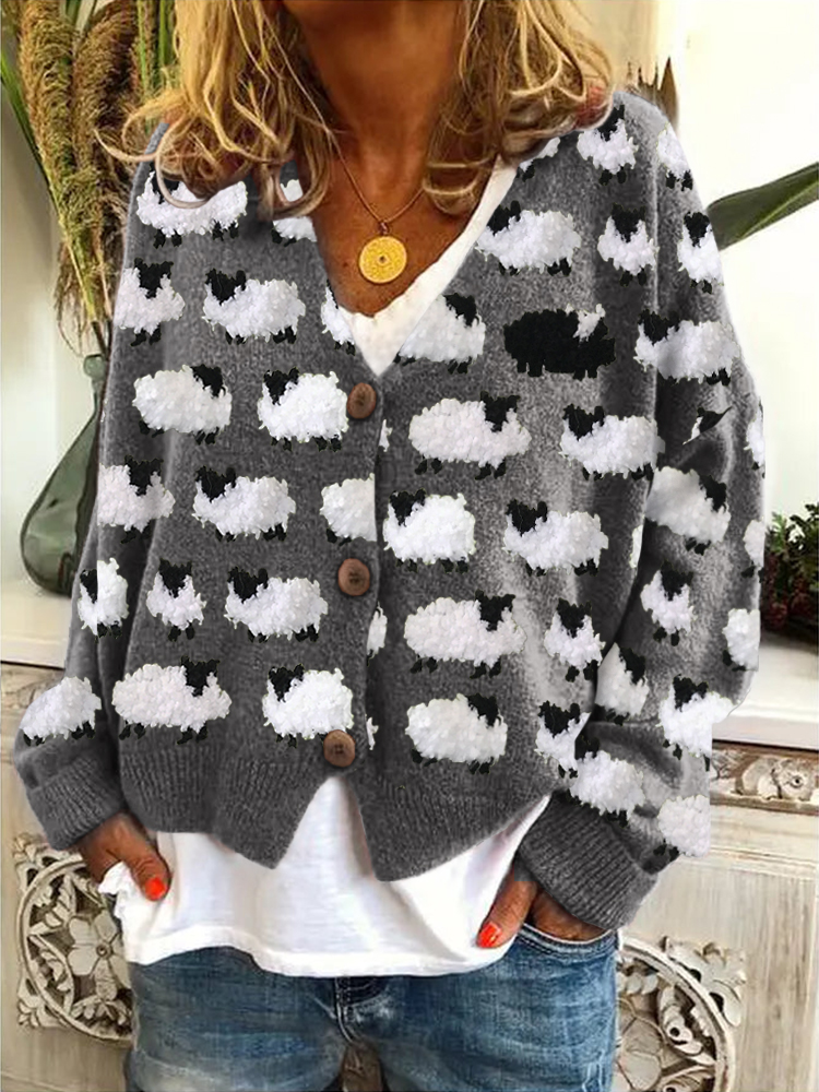 Comstylish Vintage Sheep Fleece Pattern Cozy Knit Cardigan