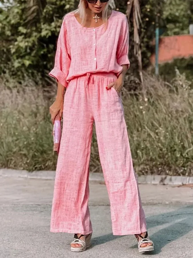 Women's Casual Solid Color Round Neck Button Long Sleeve Pants Cotton and Linen Two-piece Suit