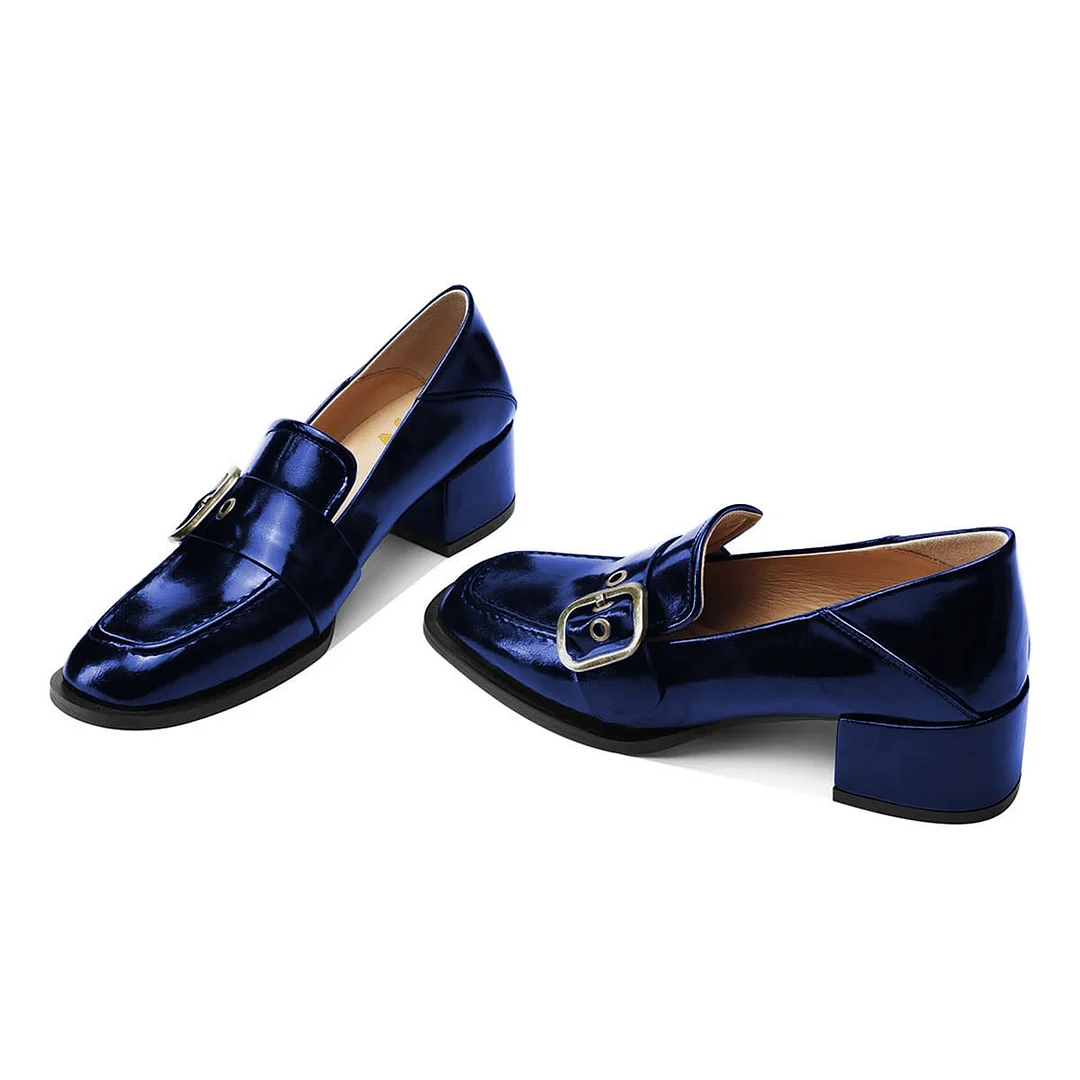 Blue Square Toe Chunky Heel Grommet Loafer Shoes Women with Buckle