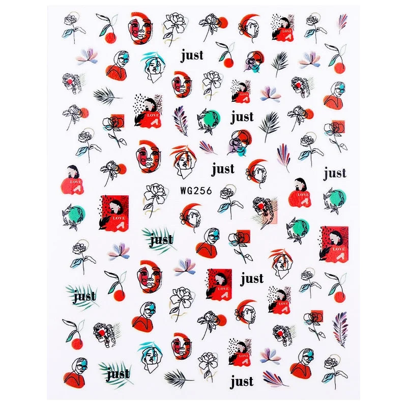 1PC Abstract Face Pattern 3D Nail Stickers Summer Autumn Lady Image Flower Leaves Sliders Decals For Nails Decoration Manicures