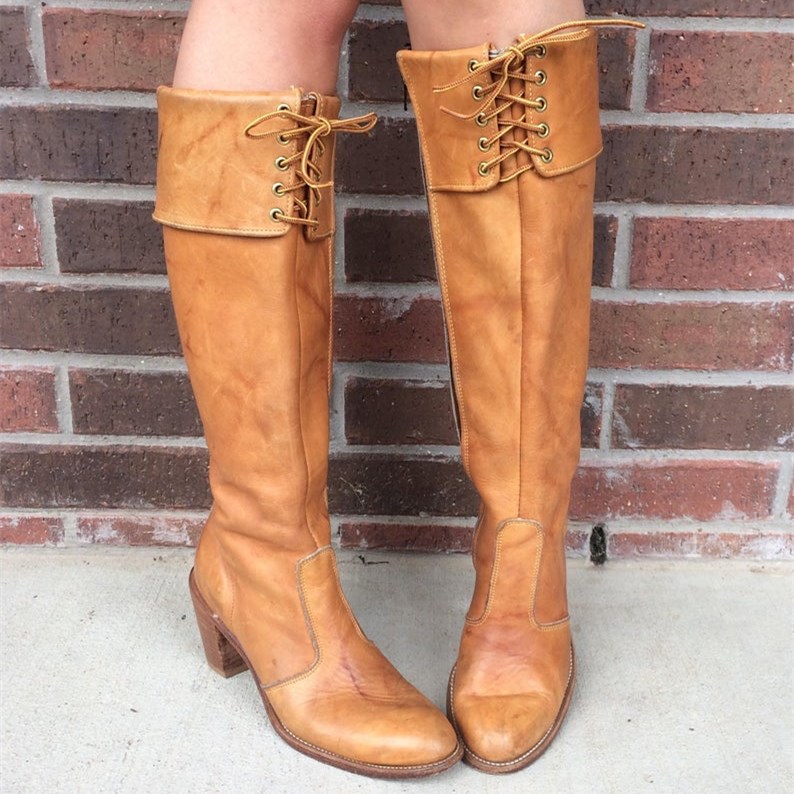 GOOSHOE Tan Calf-length Chunky Heel Boots