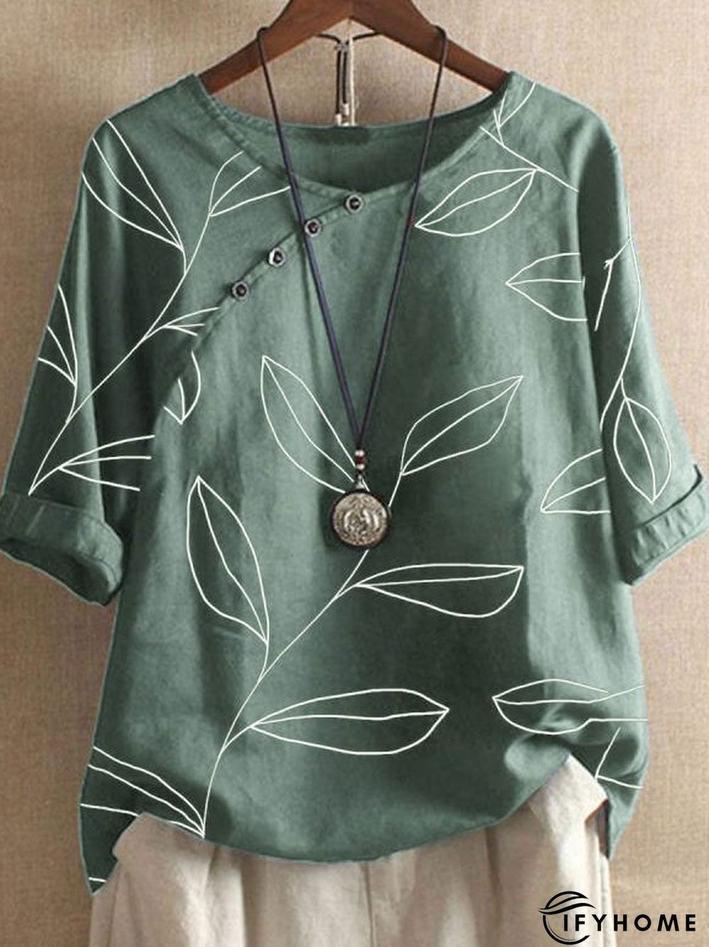 Linen Leaf Print Buttoned Short Sleeve Blouse | IFYHOME